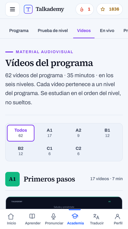 Sección Academia, pestaña Vídeos: «Vídeos del programa», 62 vídeos y 35 minutos en los seis niveles, el filtro por nivel y el comienzo del nivel A1, «Primeros pasos», con 17 vídeos.