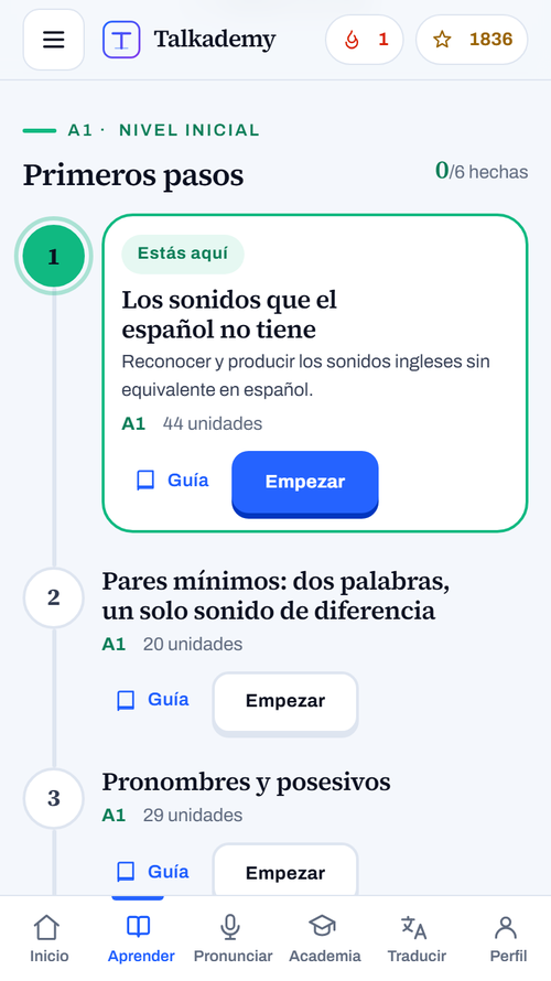 Pantalla Aprender de la aplicación: el tramo A1 «Primeros pasos» y su sendero de lecciones, con «Los sonidos que el español no tiene» marcada «Estás aquí» y detrás «Pares mínimos: dos palabras, un solo sonido de diferencia» y «Pronombres y posesivos».
