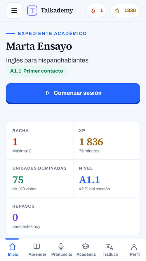 Inicio de la aplicación con el expediente académico de una cuenta de prueba: el nombre, el escalón A1.1 «Primer contacto», el botón «Comenzar sesión» y las cifras de racha 1, XP 1.836, 75 unidades dominadas de 120 vistas, nivel A1.1 al 42 % del escalón y 0 repasos pendientes hoy.